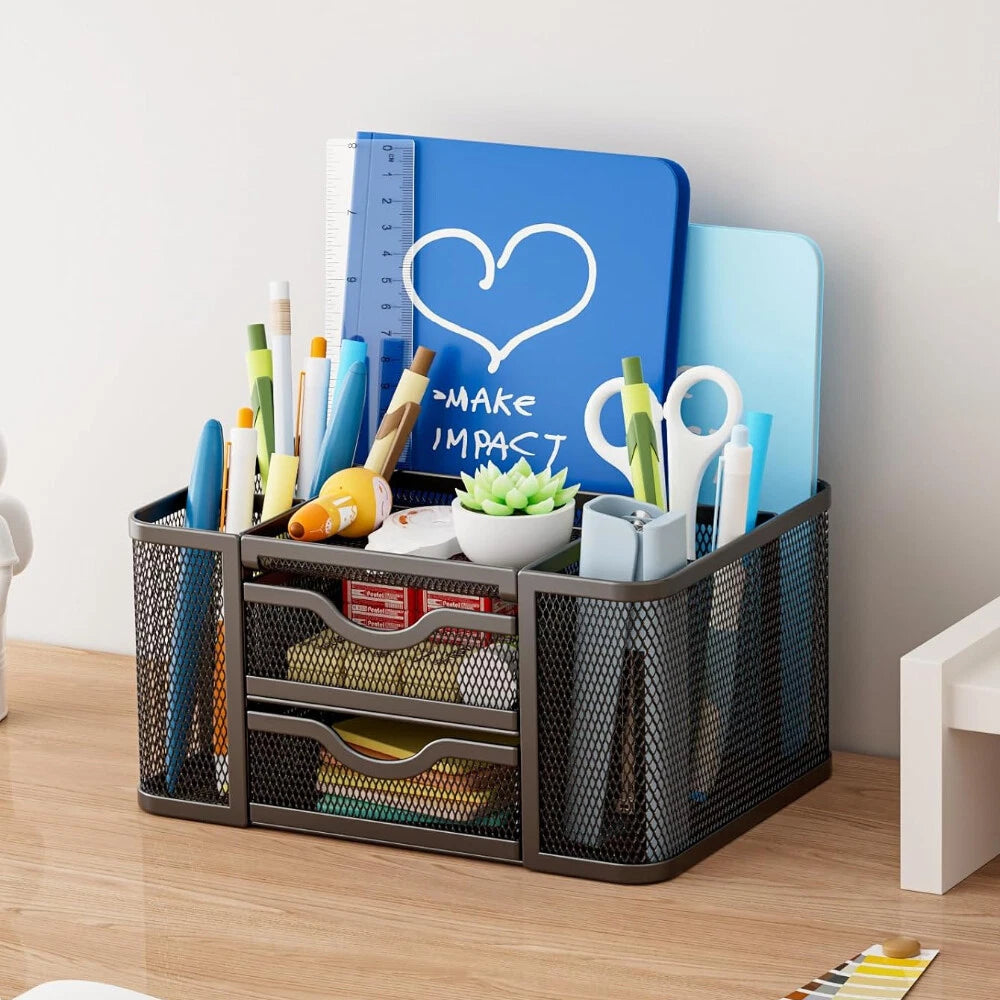 Mesh Desk Organizer, Pen Organizer with 2 Drawer, Multi-Functional Pencil Holder 07FC0E-D4 - KOEEK