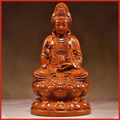 Pear Wood Sitting Lotus Guanyin Bodhisattva Buddha Ornament Engrave Arts Crafts 07FC0E-D4 - KOEEK