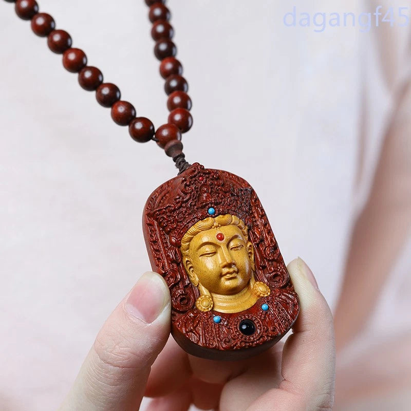 Sandalwood Handmade Carve Guanyin Bodhisattva Card Pendant Necklace Accessories 07FC0E-D4 - KOEEK