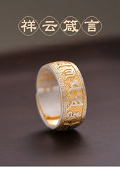 Silver Plated Chinese Style Six Word Mantra Open Ring Adjustable Mens 07FC0E-D4 - KOEEK