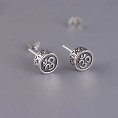 Solid 925 Sterling Silver Buddhist Mantra Round Stud Earrings 0.31inch 07FC0E-D4 - KOEEK