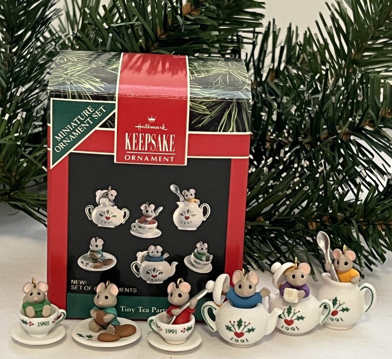 1991 Hallmark Ornament TINY TEA PARTY Tiny Mice In A Miniature Tea Set Set 6 HALLMARK - KOEEK