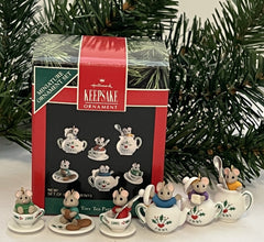 1991 Hallmark Ornament TINY TEA PARTY Tiny Mice In A Miniature Tea Set Set 6 HALLMARK - KOEEK