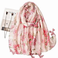 Womens Pink Floral Shawl Tassel Romantic Soft Flower Print Pashmina Wrap Scarf 07FC0E-D4 - KOEEK