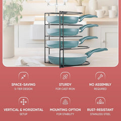 Heavy Duty Pot & Pan Organizer | 5 Tier Cookware & Lid Organizer | Black 07FC0E-D4 - KOEEK