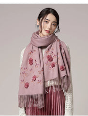 Womens soft Cashmere Scarf Bandana 3D Pink Flower Embroided Cape Shawl Pashmina 07FC0E-D4 - KOEEK