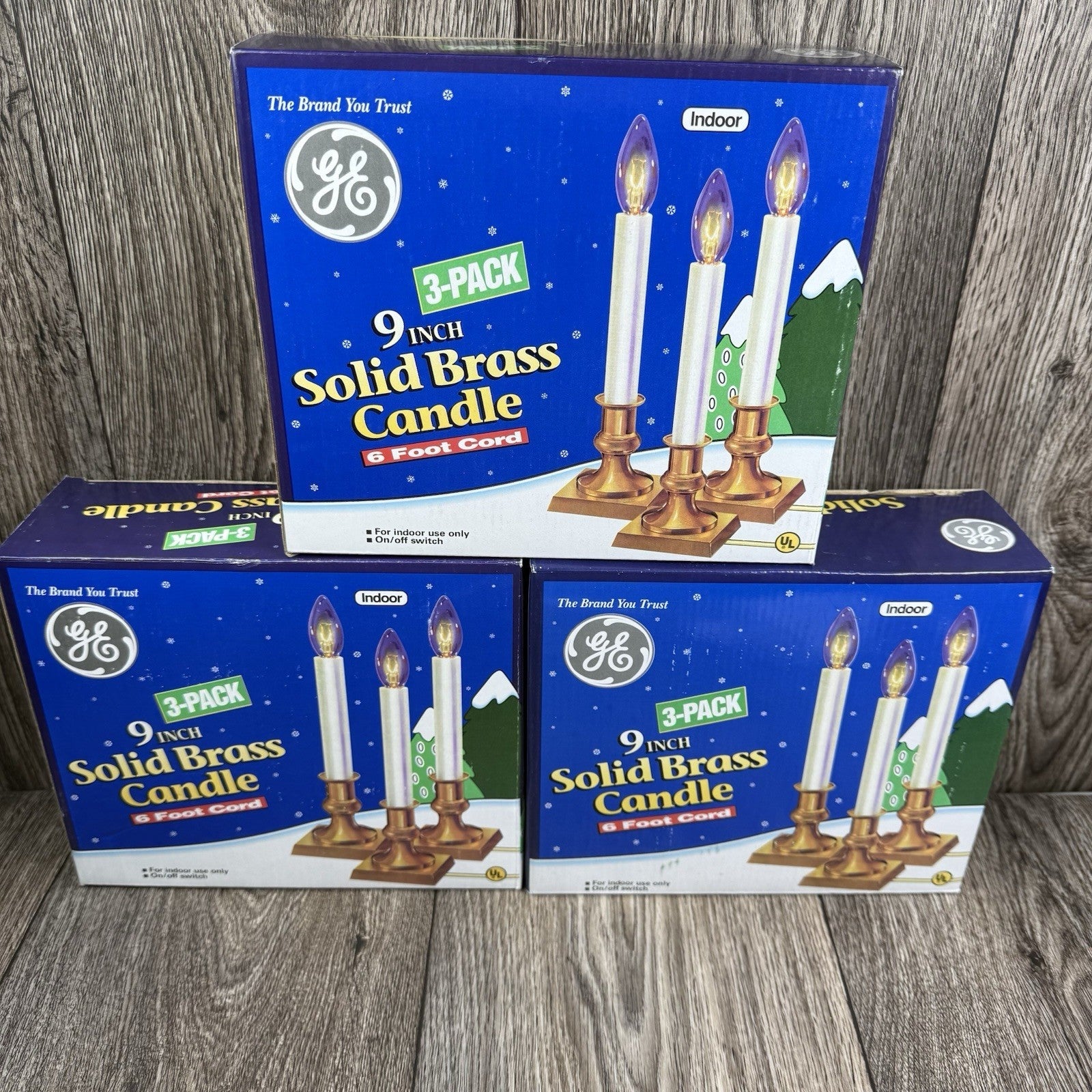 (3) GE 9" Solid Brass Candle Electric Christmas Light 3 Pack Open - 9 Total GE - KOEEK