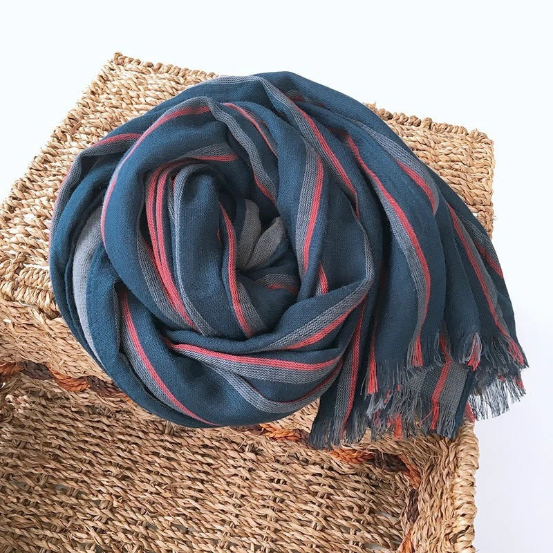 Mens Cotton Striped Breathable Casual Scarf 2.2m Long Neckerchief Shawl 07FC0E-D4 - KOEEK