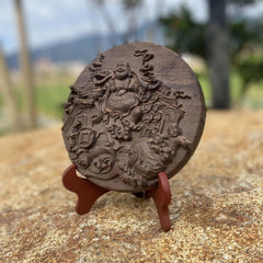 Agarwood Round Plaque Fu Lu Decor with Base 18cm 07FC0E-D4 - KOEEK
