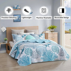 3 Piece Coastal Quilt Sets King Size - Reversible Microfiber Quilts with 2 Shams 07FC0E-D4 - KOEEK