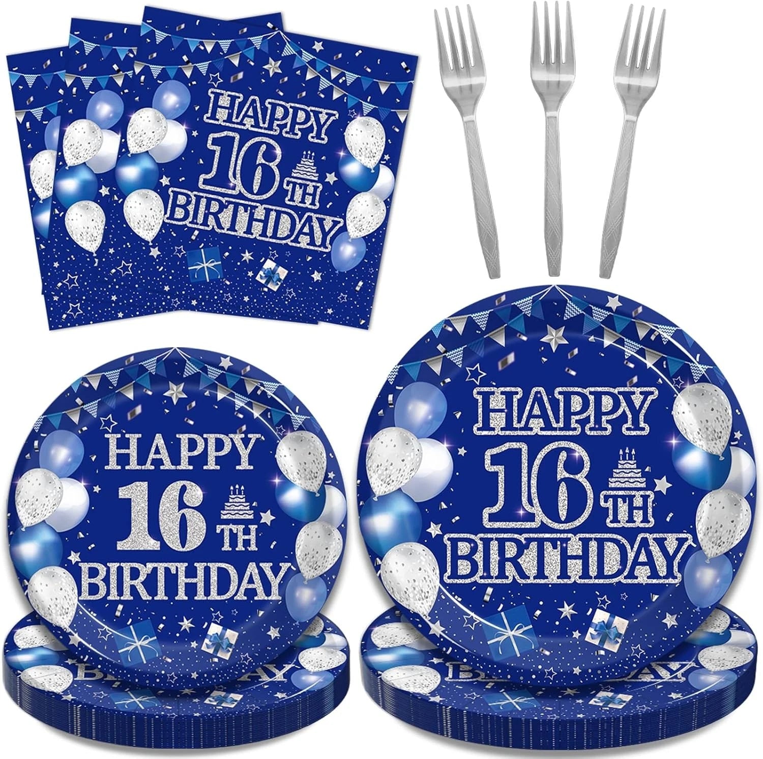 96-piece 16th birthday party tableware set, blue and silver theme 07FC0E-D4 - KOEEK