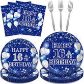 96-piece 16th birthday party tableware set, blue and silver theme 07FC0E-D4 - KOEEK