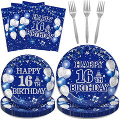 96-piece 16th birthday party tableware set, blue and silver theme