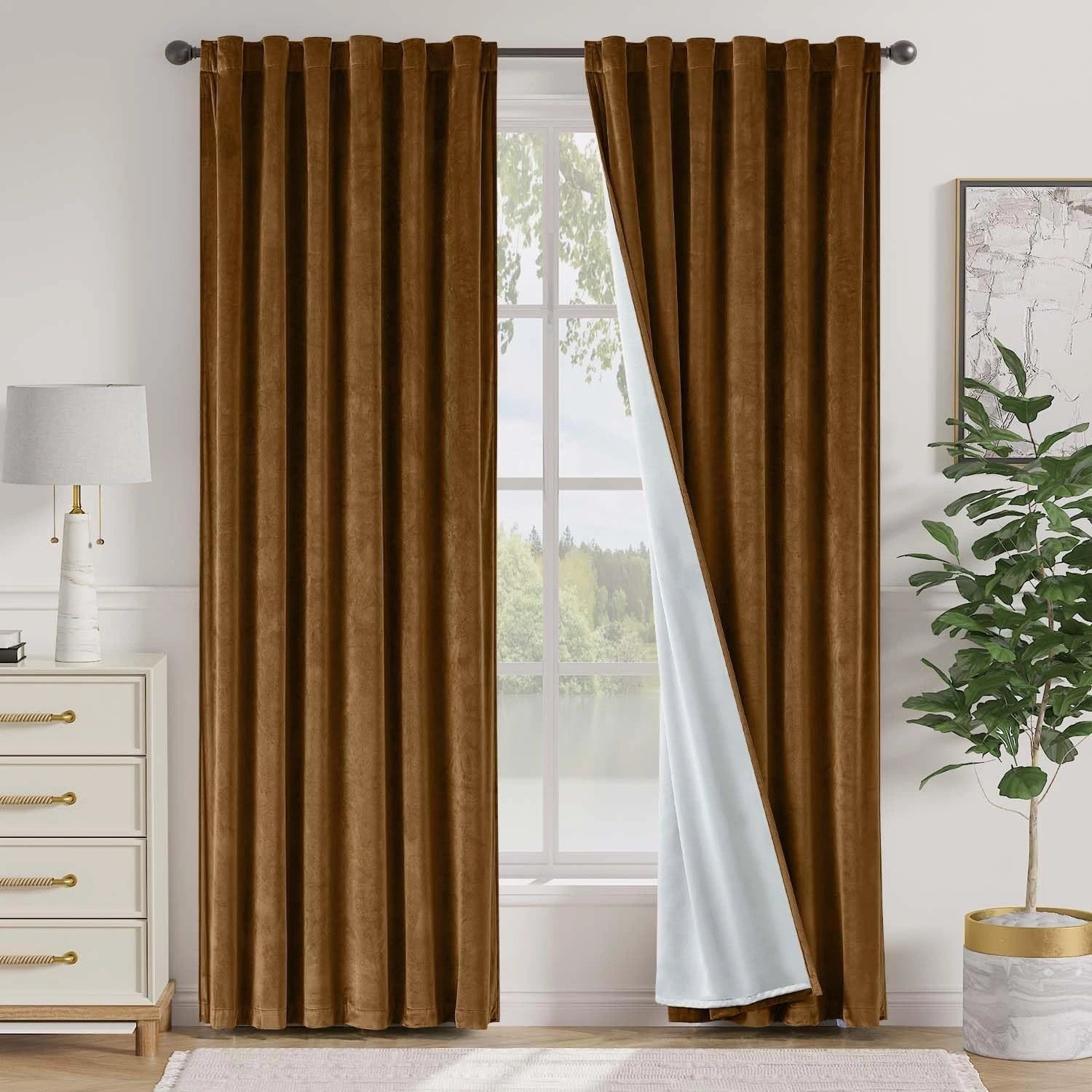 Golden brown blackout velvet curtains Size: 52 inches × 84 inches, golden brown. 07FC0E-D4 - KOEEK