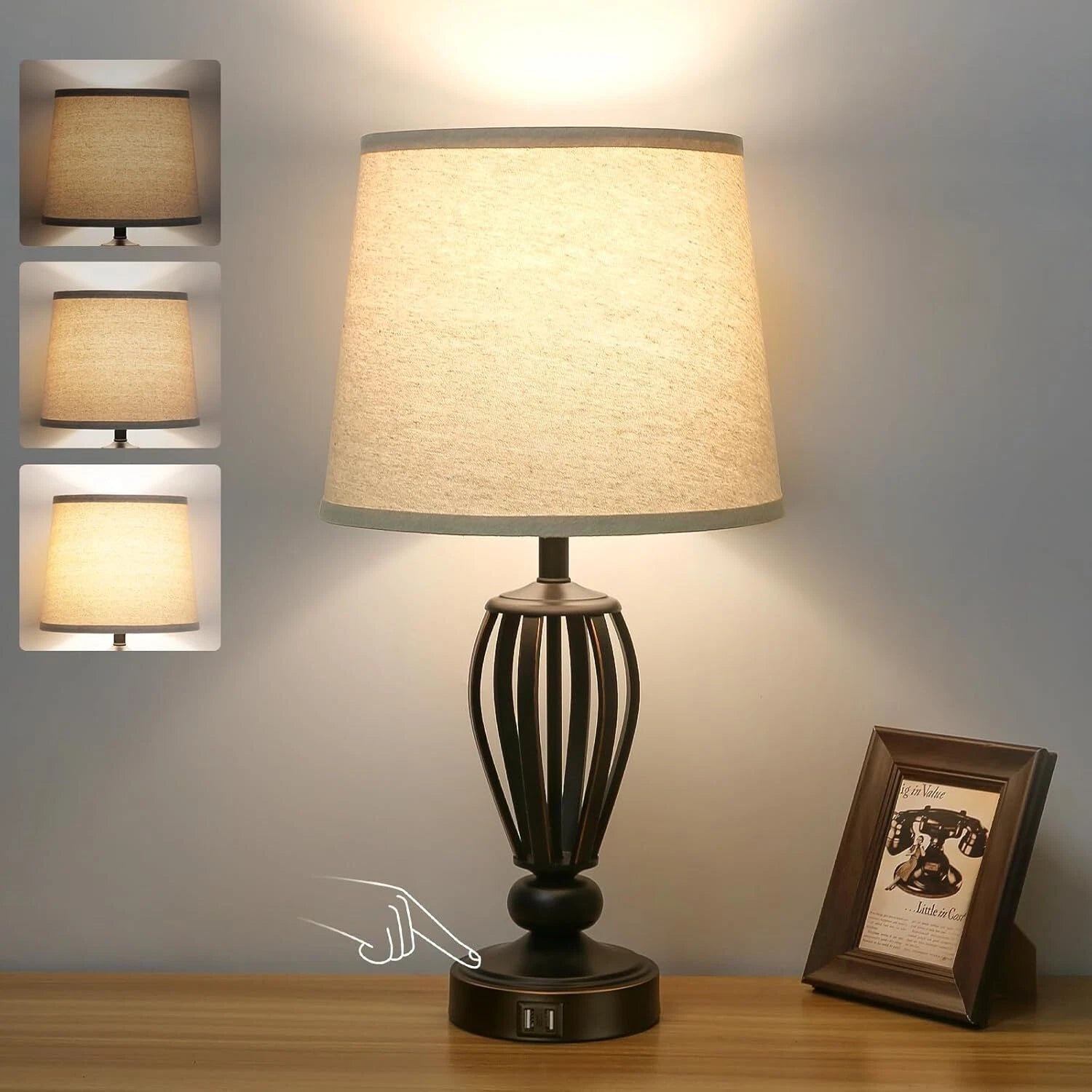 USB Bedside Lamp, 3-Way Dimmable Touch Table Lamp, Black Metal Base 07FC0E-D4 - KOEEK