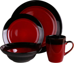 Round Stoare Two Tone Dinnerware Set, 16 Piece, Bright Red and Black 07FC0E-D4 - KOEEK