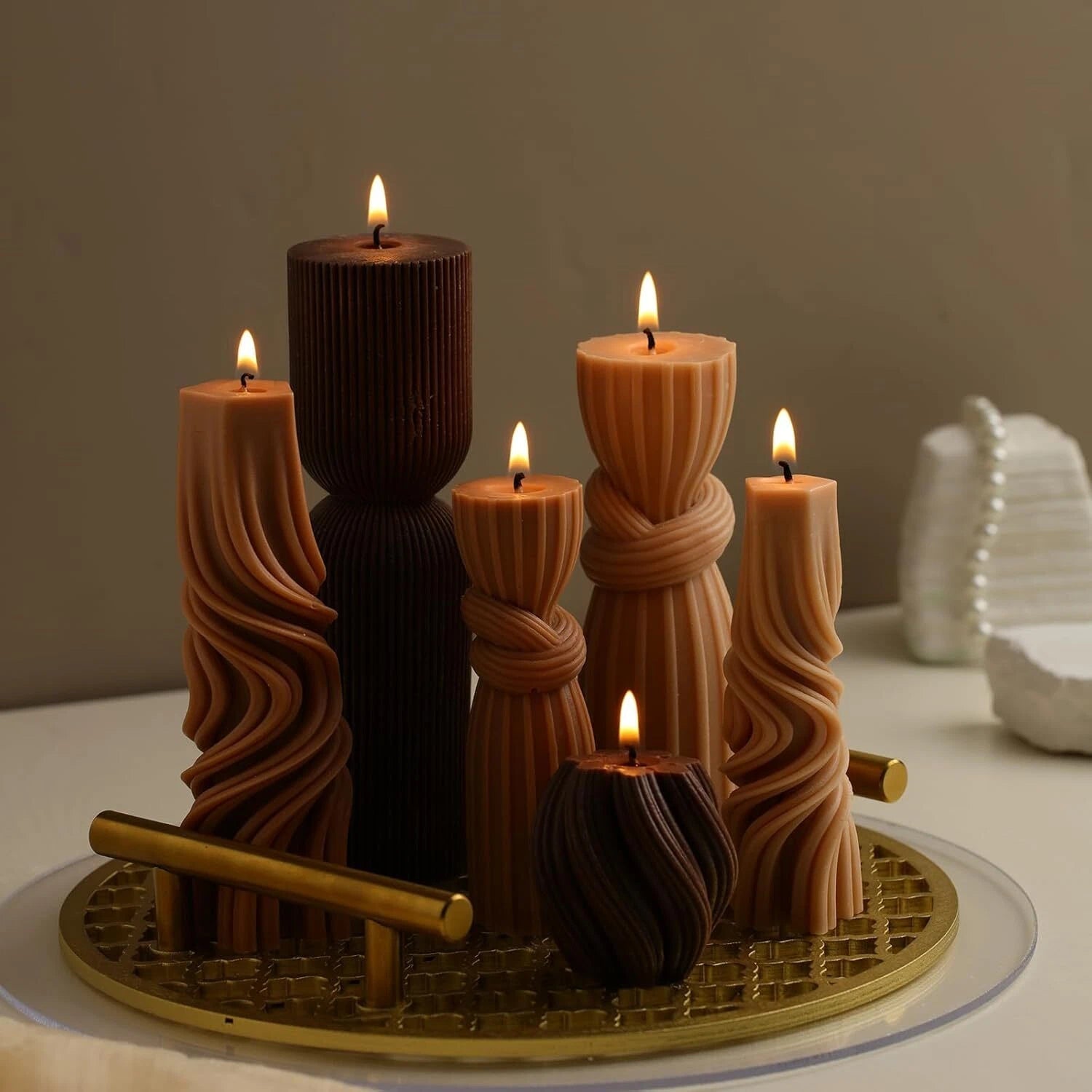 6 Pcs Small Pillar Candles Aesthetic Candles Modern Ribbed Candle Set (Brown) 07FC0E-D4 - KOEEK