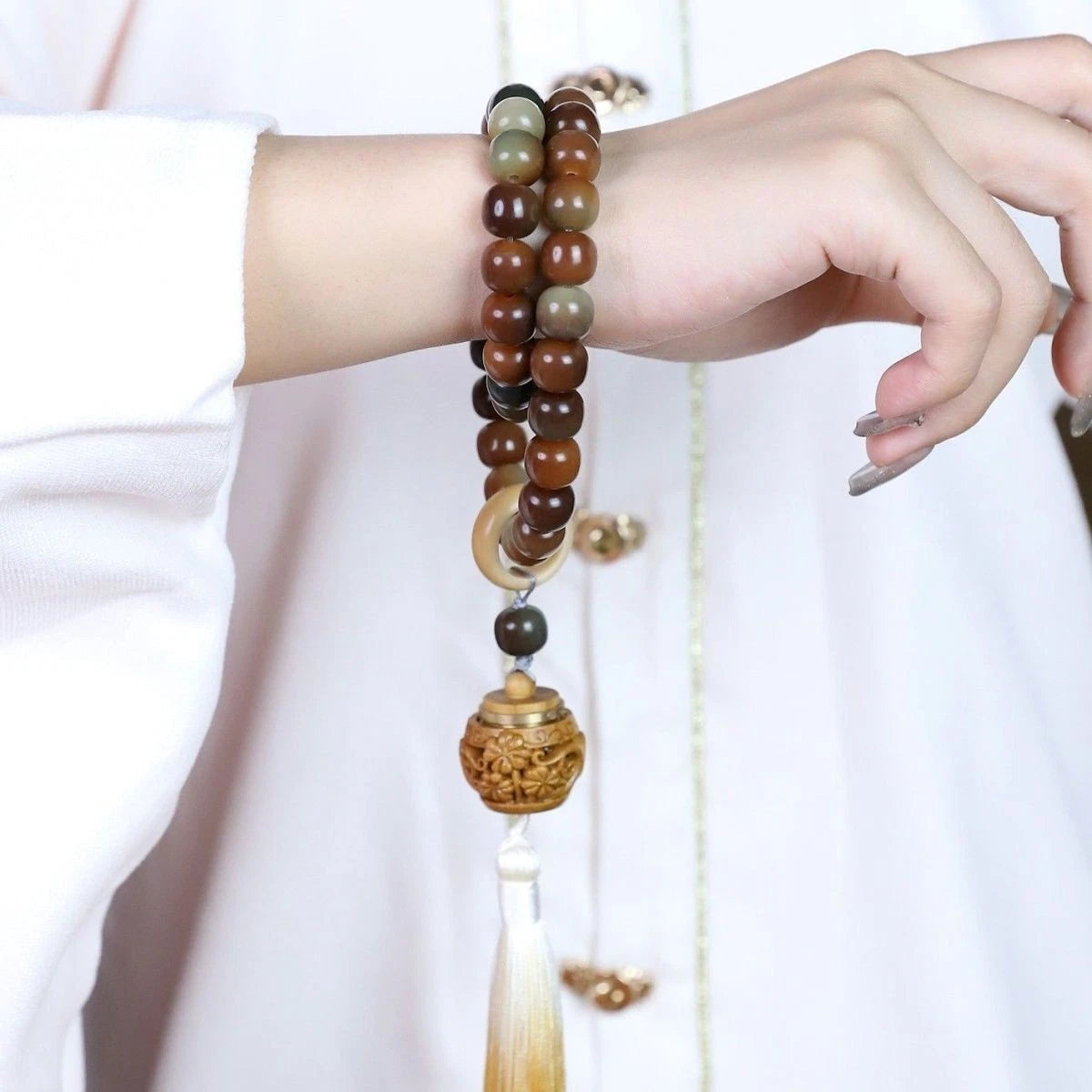 Round Handheld Buddhist Mala Bodhi Root Prayer Beads Bracelet for Men and Women 07FC0E-D4 - KOEEK