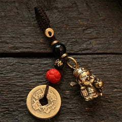 Vintage Brass Wealth God Keychain Amulet Handmade Braided Rope Pendant 07FC0E-D4 - KOEEK