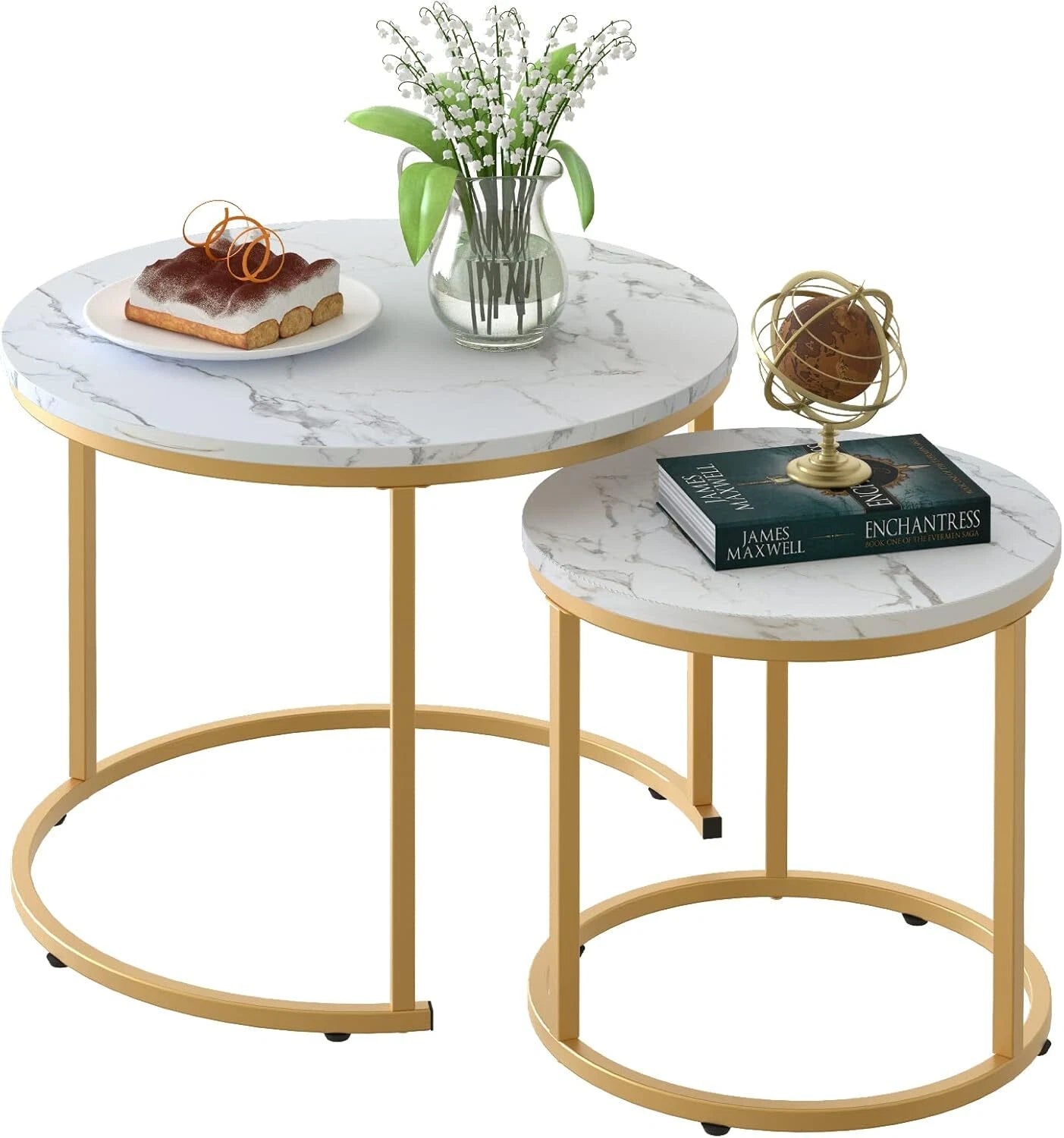 Coffee Table Gold Frame Round Marbled Wood Table, Minimalist Nightstand 07FC0E-D4 - KOEEK