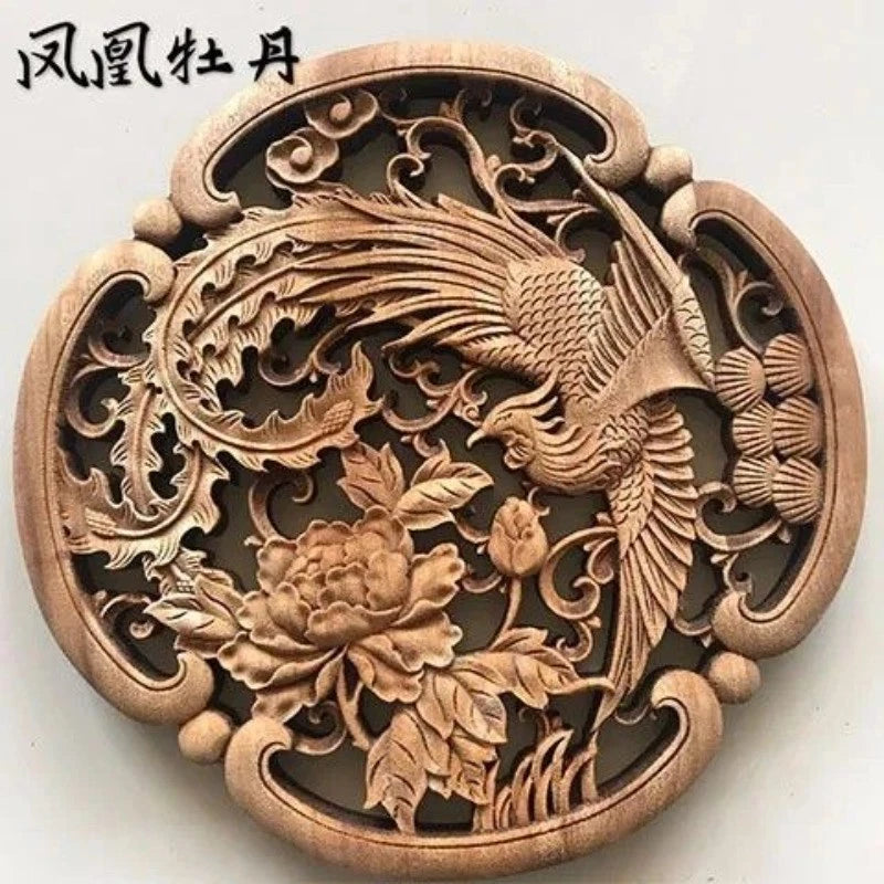 Dongyang Phoenix Peony Wood Carving Wall Hanging Chinese Restaurant Decor 27cm 07FC0E-D4 - KOEEK