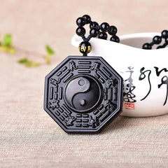Chinese Obsidian Yin Yang Necklace Amulet Feng Shui Pendant Bead Chain 07FC0E-D4 - KOEEK