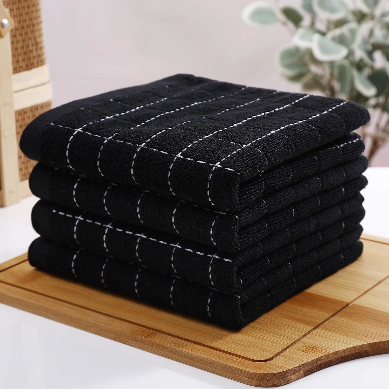 Cotton Terry Kitchen Towels(Black, 13 x 28 inches), Checkered Designed,Soft 07FC0E-D4 - KOEEK
