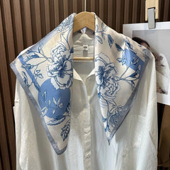 Silk Square Scarf 65*65cm Women Light Blue Flowers Kerchief Headscarf Wrap 07FC0E-D4 - KOEEK