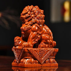 Rosewood Lion Figurines Pair 8cm Hand Carved Wooden Desk Home Decor Ornament 07FC0E-D4 - KOEEK