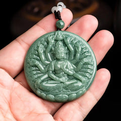 Guanyin Buddha Round Pendant Natural Grade A Jade Jadeite Green Thousand-handed 07FC0E-D4 - KOEEK
