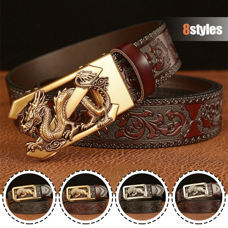 Male Leather Belt tiger Dragon Belt Cowhide for Men Automatic Buckle 07FC0E-D4 - KOEEK