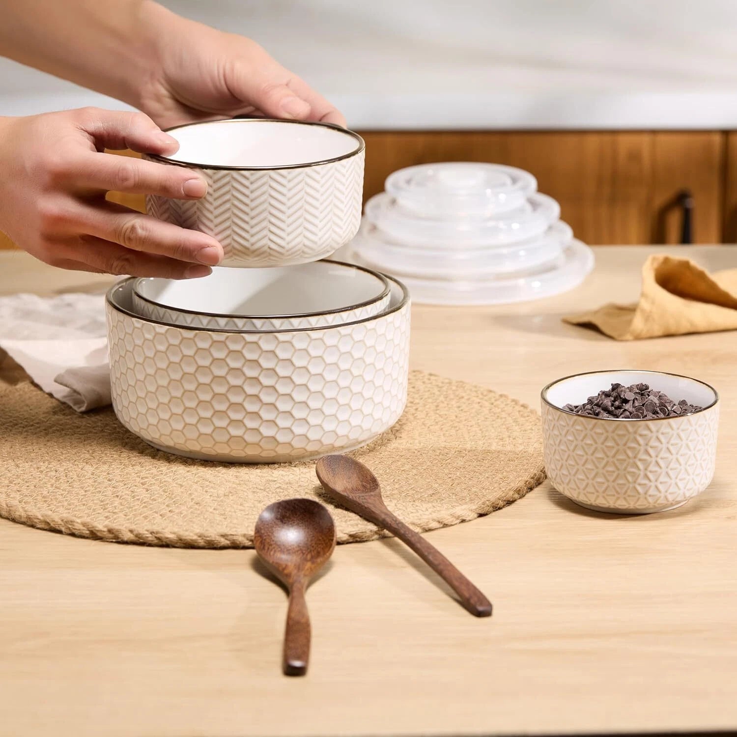 Ceramic Nesting Bowl with Lid, Embossed, Food Storage Container, Kitchen Bowl 07FC0E-D4 - KOEEK