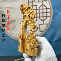 Cai Bai Wood Carved Laughing Buddha Figurine Under Tree Home Décor Chinese Style 07FC0E-D4 - KOEEK