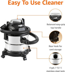 Wet/Dry Vacuum Cleaner, 4 Gallon Capacity, 3 HP Stainless Steel, Gray/Black