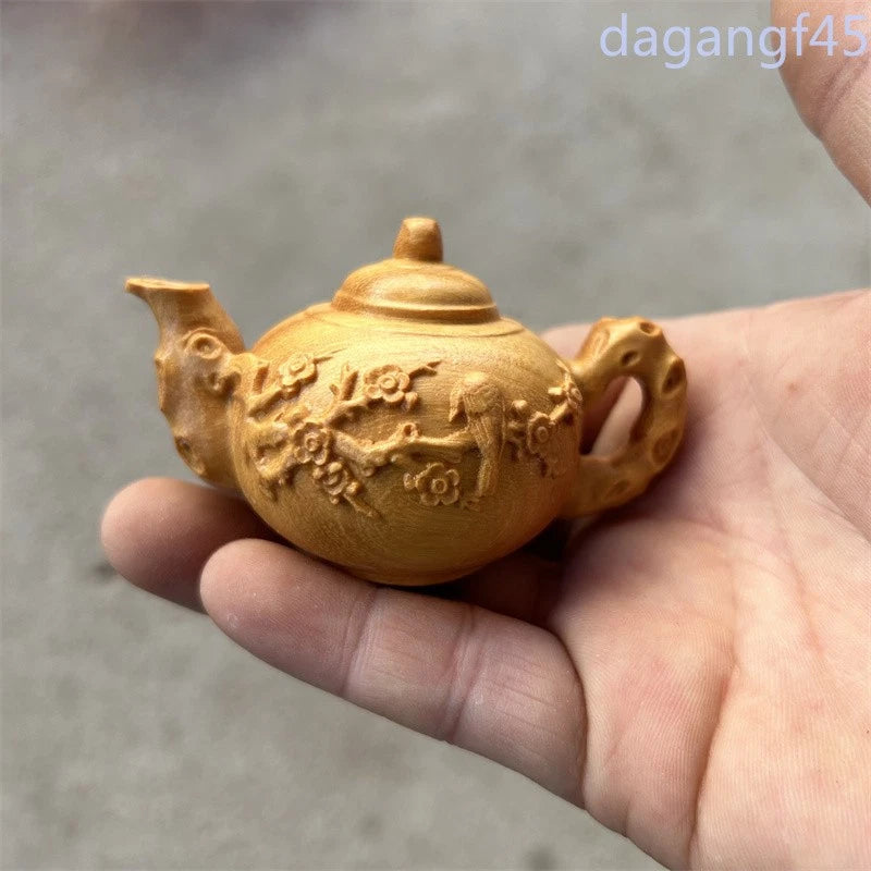 8cm Boxwood HandCarved Auspicious Pumpkin Plum Blossom Pot Tea Pet Ornament 07FC0E-D4 - KOEEK