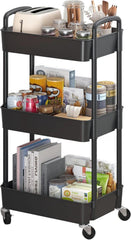 3-Tier Plastic Rolling Utility Cart with Handle,Multi-Functional Storage Trolley 07FC0E-D4 - KOEEK
