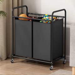 Laundry sorting basket 2-bag laundry basket trolley with rolling lock wheels 07FC0E-D4 - KOEEK