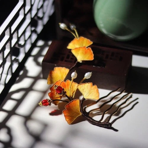 Chinese Style Ginkgo Velvet Flower Hairpin Hanfu Qipao Traditional Hair Jewelry 07FC0E-D4 - KOEEK