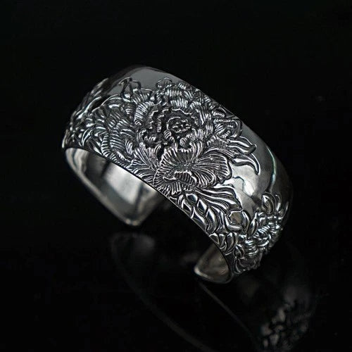 Vintage Wide Cuff Bracelet Peony Flower Open Bangle Ethnic Chic Women Jewelry 07FC0E-D4 - KOEEK