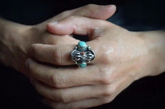 Handmade Nepali Tibetan Turquoise Ring Rotatable Vintage Adjustable 07FC0E-D4 - KOEEK