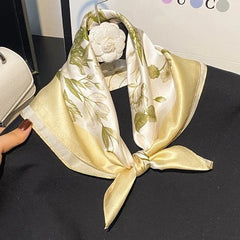 Silk Scarf Bandana Women Yellow Beige Flowers Neckerchief Turban 53*53cm 07FC0E-D4 - KOEEK