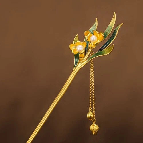 Cloisonne Daffodil Hairpin Chinese Style Tassel Hanfu Traditional Hair Jewelry 07FC0E-D4 - KOEEK