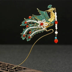 Chinese Hanfu Blue Enamel Phoenix Tassel Hairpin Vintage Style Jewelry 07FC0E-D4 - KOEEK