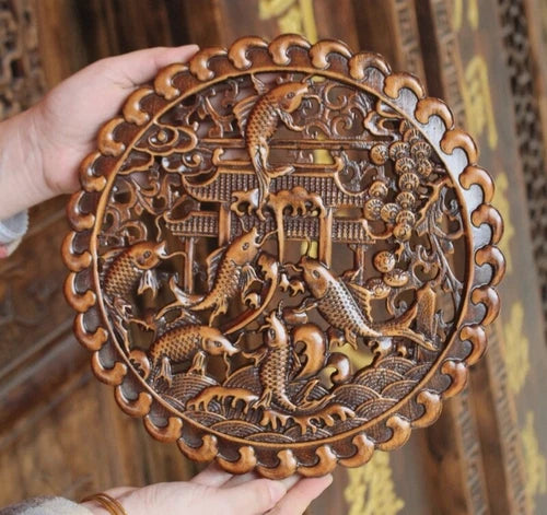 Feng Shui Wall Hanging Decor Camphor Wood Carved 07FC0E-D4 - KOEEK