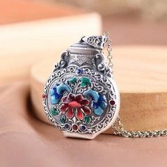 Cloisonne Enamel Double Sided Ruyi Vase Peony Pendant Vintage Ethnic Style 07FC0E-D4 - KOEEK