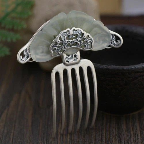 Tradition Chinese Artworks Hetian Jade Silver Hairpin Hair Clasp Accessory 07FC0E-D4 - KOEEK