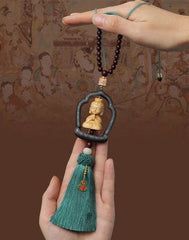 Wood Carved Avalokitesvara Buddhisattva Pendant Statue Shrine Hanging Car Decor 07FC0E-D4 - KOEEK