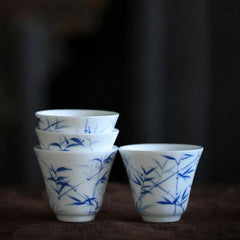 3PC Jingdezhen Hand Painted Bamboo Ceramic TeaCups White Jade Porcelain Cups 07FC0E-D4 - KOEEK