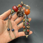 Antique Meteorite 20 Eyes Dzi Bead Handheld Pendant Inlaid Multicolor Beads 07FC0E-D4 - KOEEK