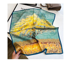 Mulberry Silk 21" Small Scarf For Women Neckerchief Wrap Yellow Oil Paiting 07FC0E-D4 - KOEEK